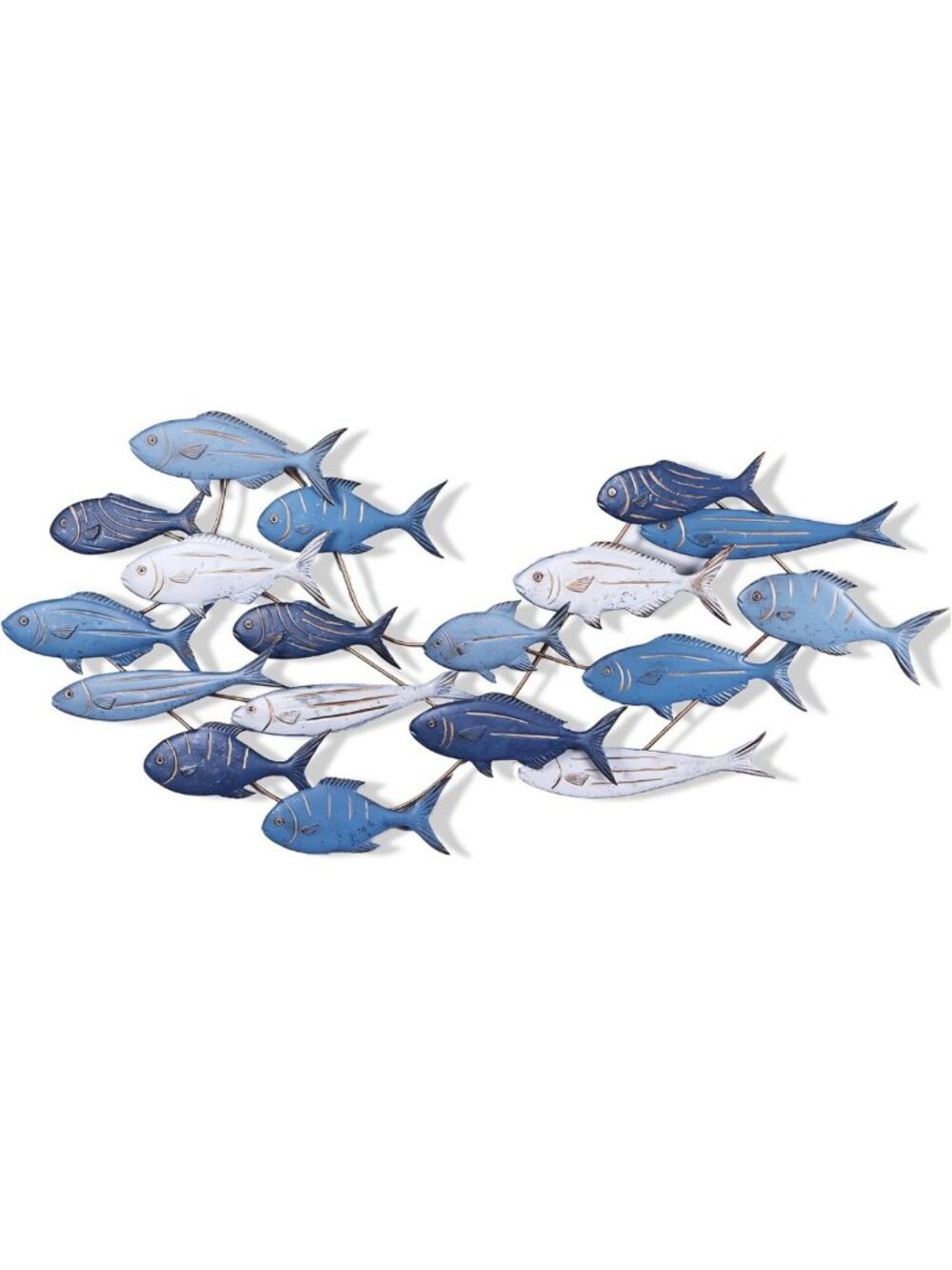 Oversized Blue & White Fish School Metal Wall Art - Coastal Nautical Decor